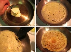 Openwork pancakes with milk and boiling water
